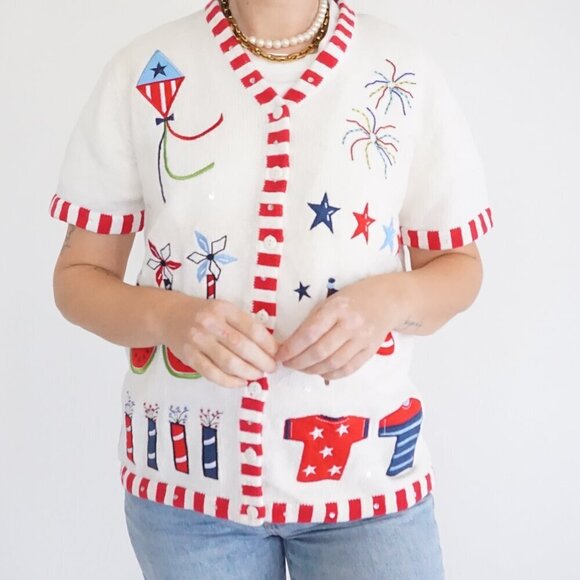 The Quacker Factory White Knit Red Patriotic USA Independence Day Cardigan S - Picture 2 of 11